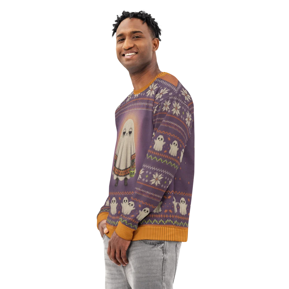Boo Who Halloween Ugly Sweatshirt, All-Over Print on male model, side