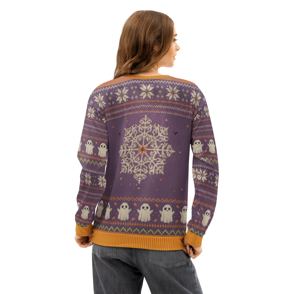 Boo Who Halloween Ugly Sweatshirt, All-Over Print on female model, back