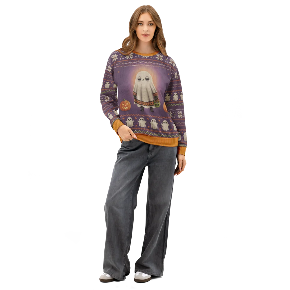Boo Who Halloween Ugly Sweatshirt, All-Over Print on female model, front