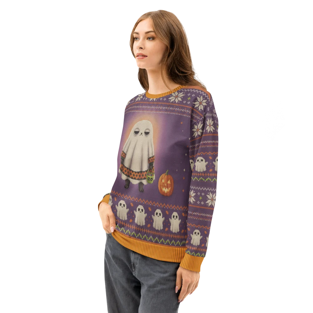 Boo Who Halloween Ugly Sweatshirt, All-Over Print on female model, side
