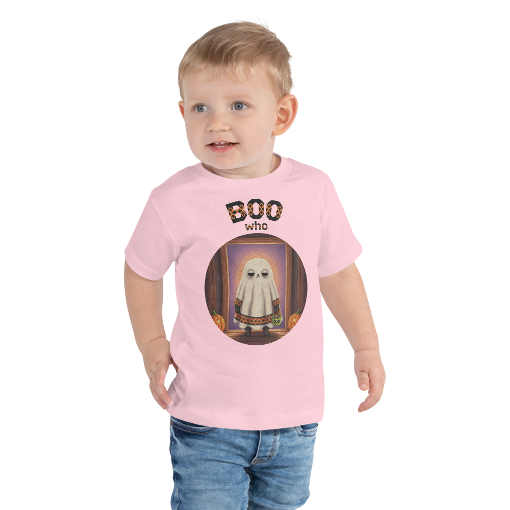 Boo Who Toddler Halloween Ugly Tee โ Light Pink model