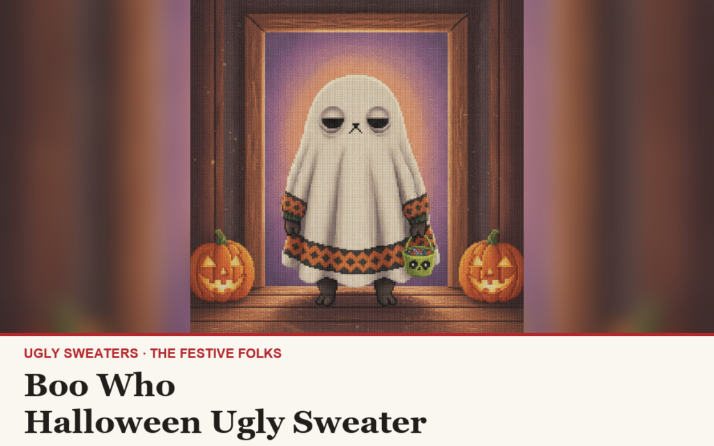 Boo Who ugly sweater article cover: the Boo Who character illustration, house title strip