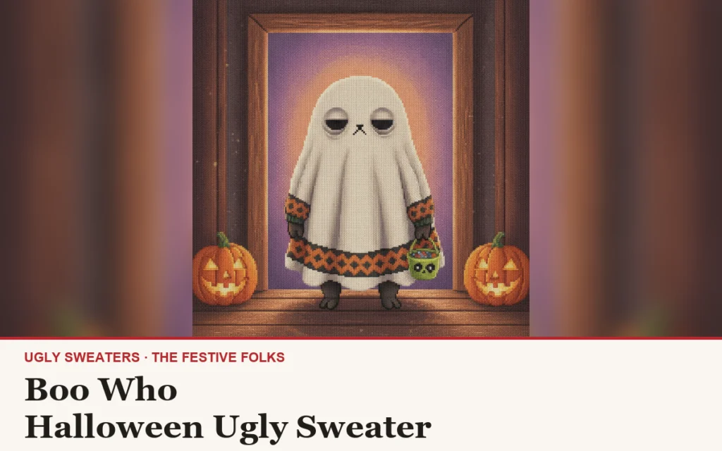 Boo Who ugly sweater article cover: the Boo Who character illustration, house title strip