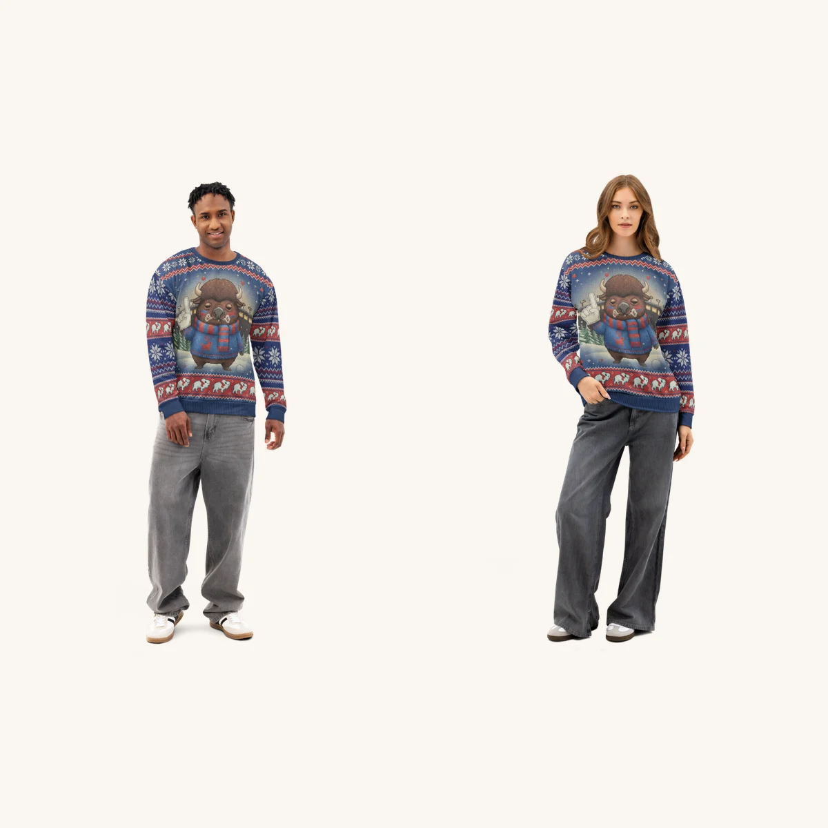Buffalo Fan Matching Ugly Christmas Sweaters for Couples | Two Sweatshirts