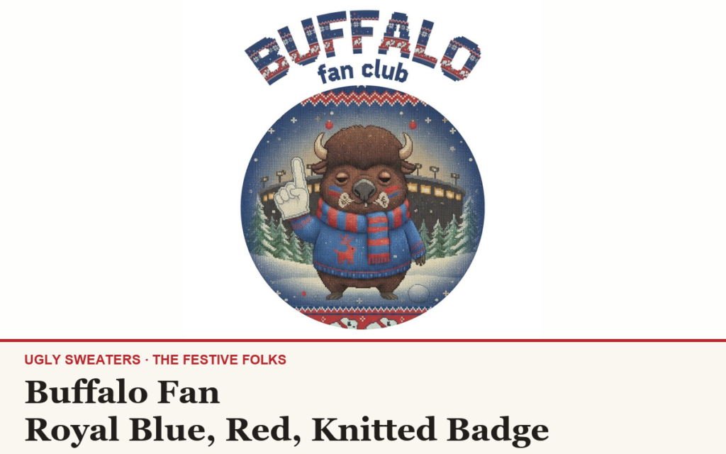 The Buffalo Fan character design, a deadpan shaggy bison superfan in royal blue and red with a foam finger