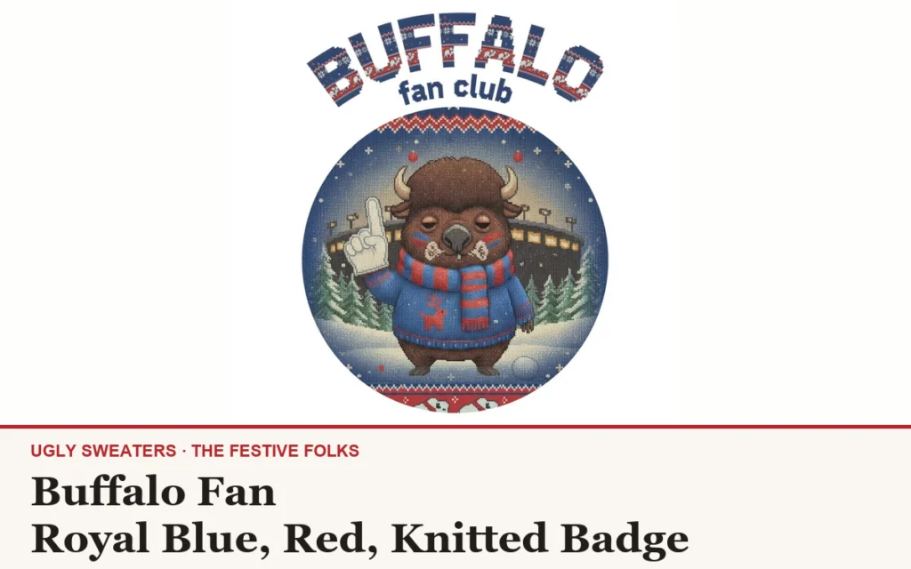 The Buffalo Fan character design, a deadpan shaggy bison superfan in royal blue and red with a foam finger