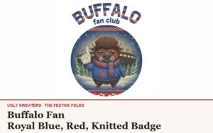 The Buffalo Fan character design, a deadpan shaggy bison superfan in royal blue and red with a foam finger