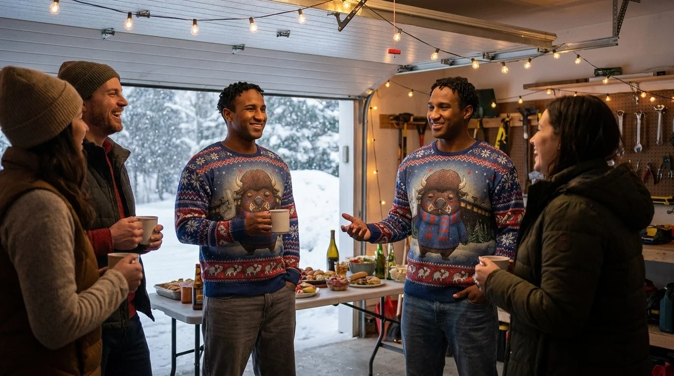 Friends at a snowy garage party, two of them wearing the Buffalo Fan all-over-print sweatshirt