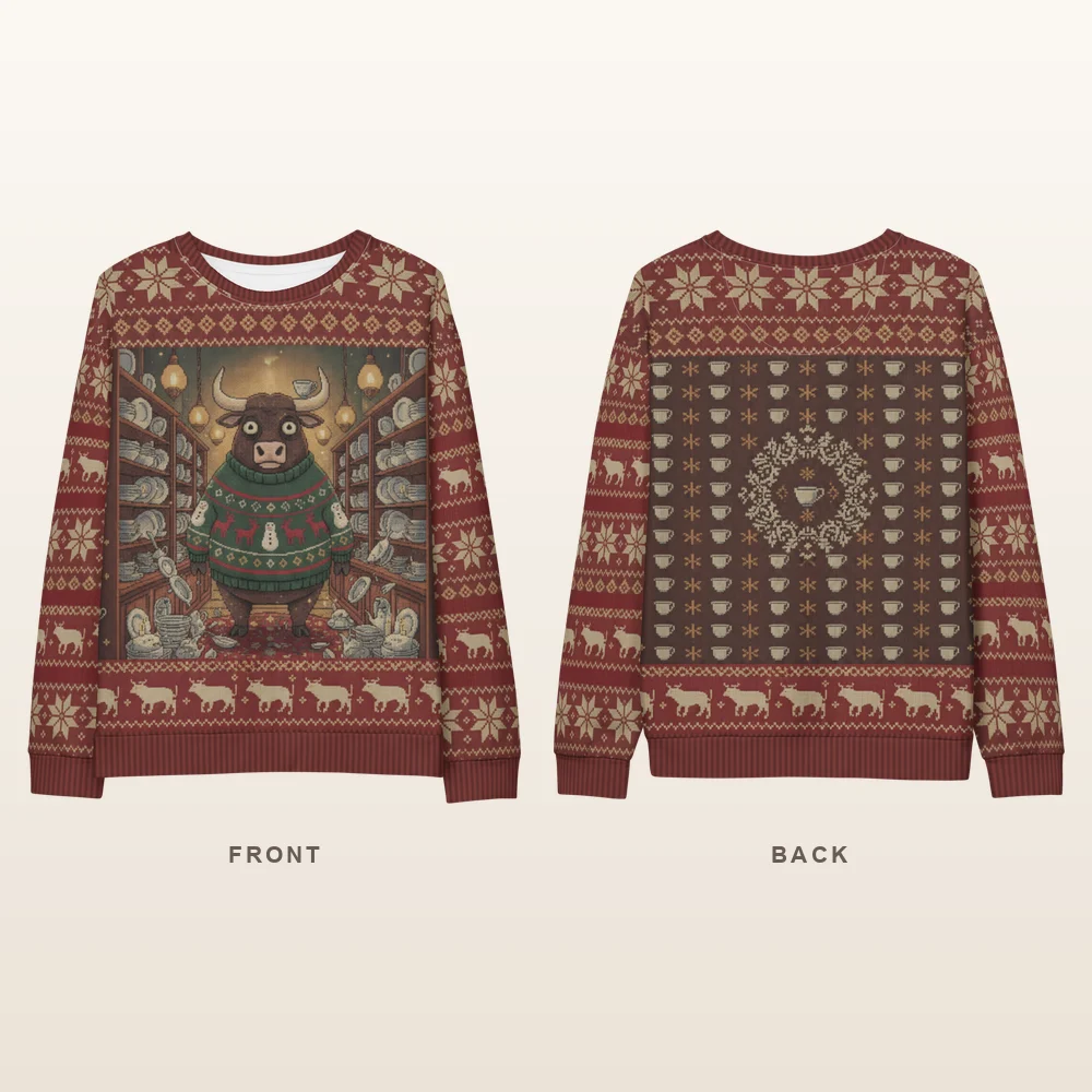 Bull in a China Shop All-Over-Print Christmas Sweatshirt