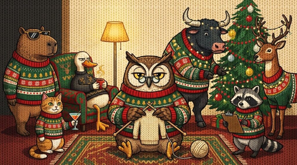 The Festive Folks cast, all wearing the Christmas Sampler knitted Christmas sweater, in a warm lamplit living room