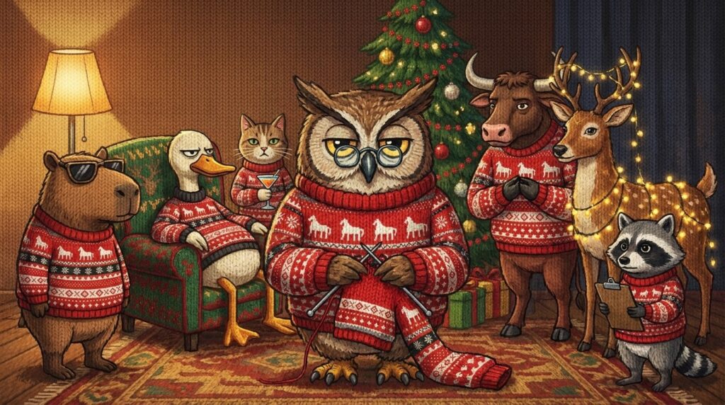 The Festive Folks cast, all wearing the Dala Horse knitted Christmas sweater, in a warm lamplit living room