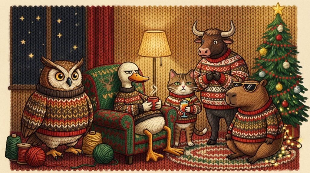 The Festive Folks cast in knitted illustration style, all wearing Fair Isle Allover Knitted Christmas Sweater