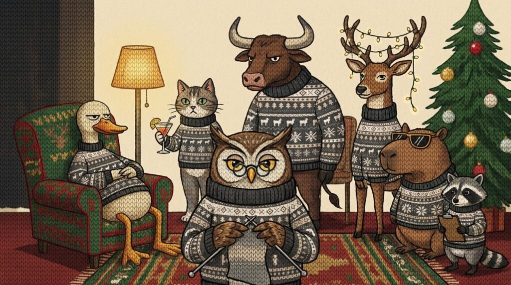 The Festive Folks cast, all wearing the Icelandic Sheep knitted Christmas sweater, in a warm lamplit living room
