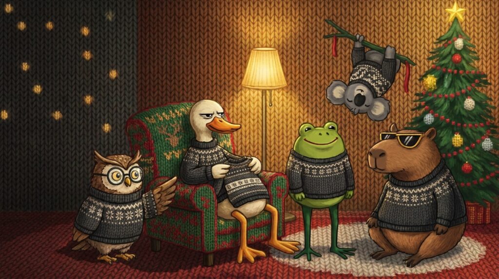 The Festive Folks cast in knitted illustration style, all wearing Icelandic Yoke Knitted Christmas Sweater