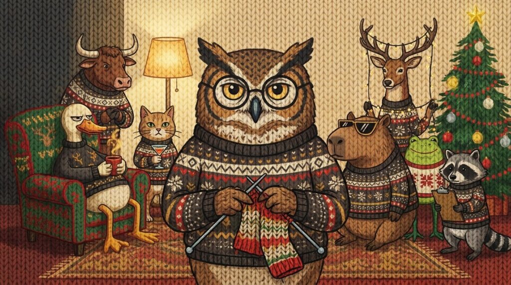 The Festive Folks cast, all wearing the Moose Shetland knitted Christmas sweater, in a warm lamplit living room