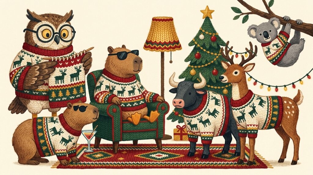 The Festive Folks cast in knitted illustration style, all wearing Women's Reindeer Christmas Sweater