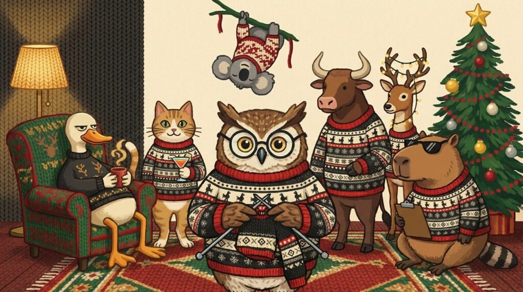 The Festive Folks cast, all wearing the Selbu Bird knitted Christmas sweater, in a warm lamplit living room