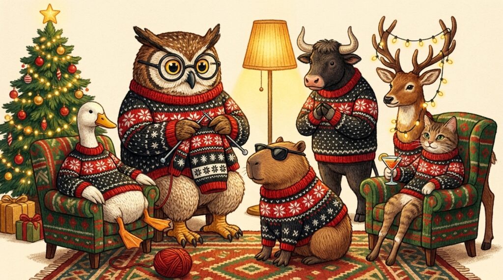 The Festive Folks cast in knitted illustration style, all wearing Selbu Stars Knitted Christmas Sweater