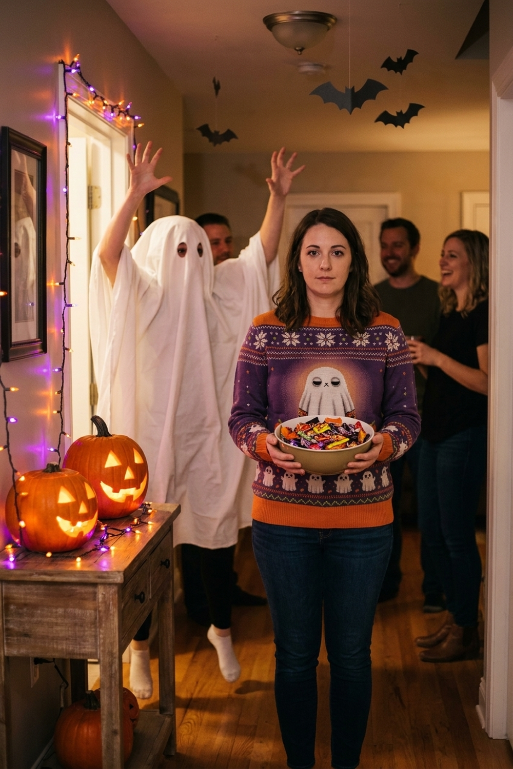 A woman holding a bowl of candy stays perfectly calm as a friend in a bedsheet ghost costume leaps out of a doorway at a Halloween house party, wearing the Boo Who all-over-print sweatshirt