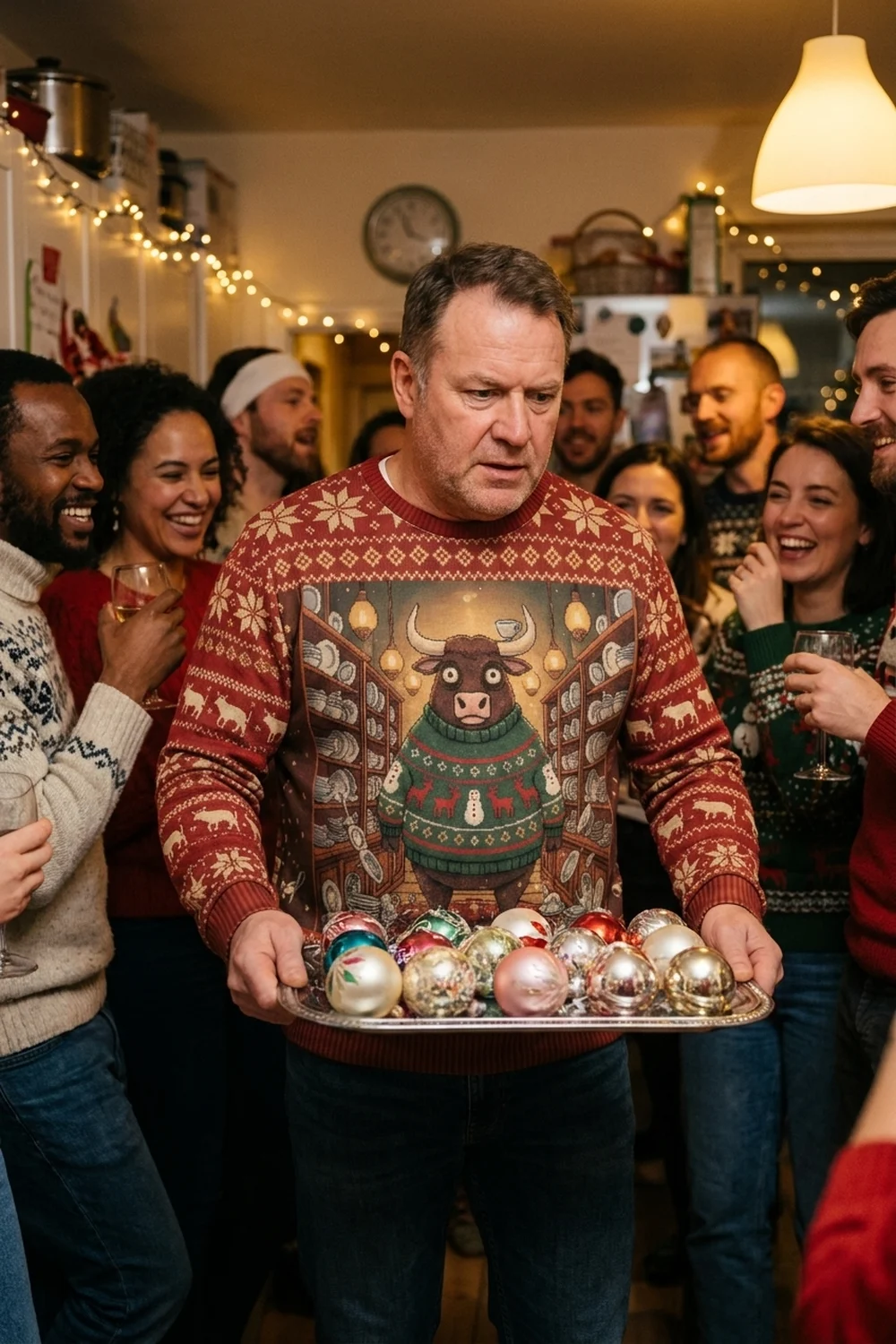 A broad man carefully carrying a tray of glass ornaments through a crowded kitchen party, wearing the Bull in a China Shop all-over-print sweatshirt