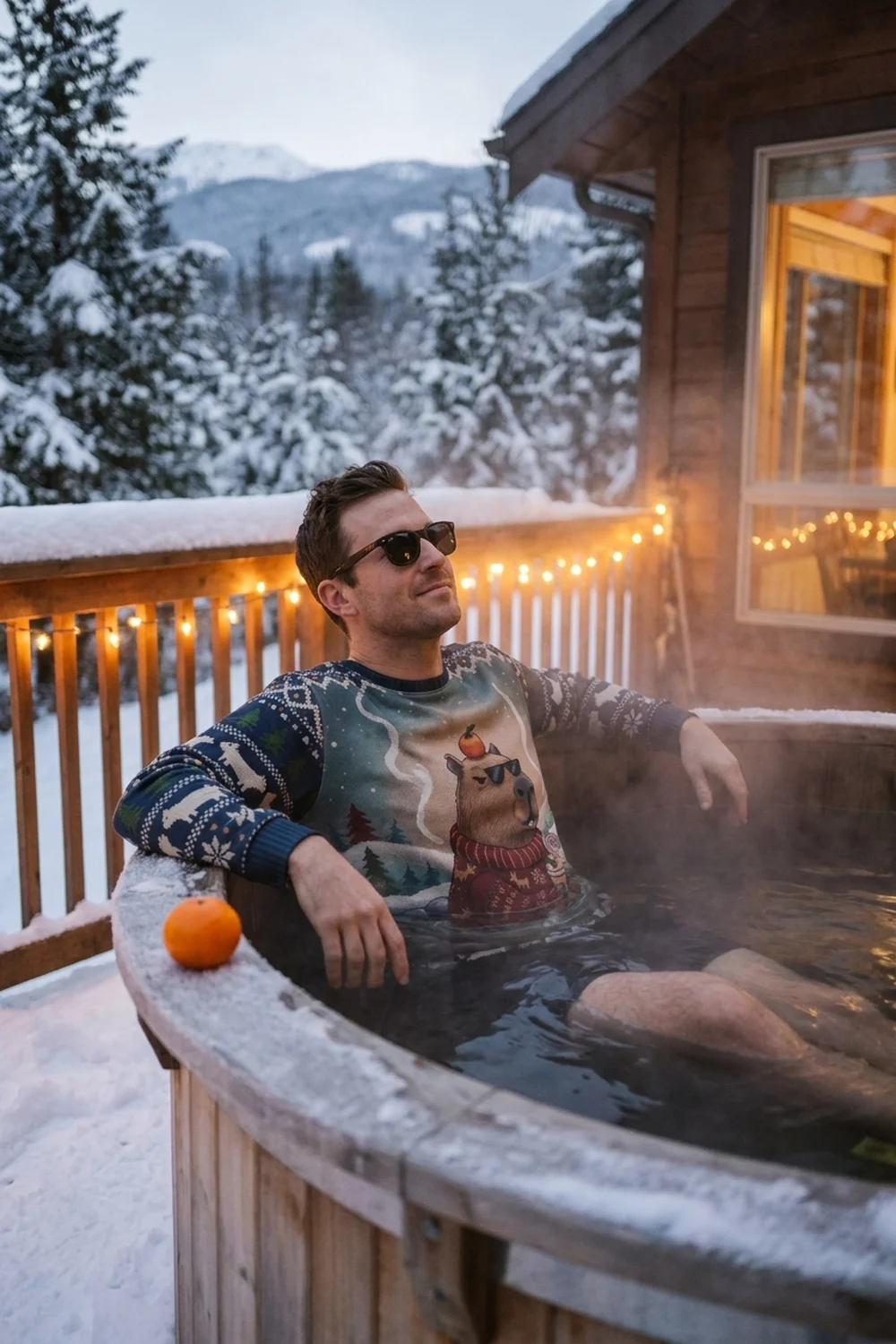 A man in sunglasses reclining in a steaming hot tub on a snowy deck at dusk, a tangerine on the tub edge, wearing the Chill Capybara all-over-print sweatshirt