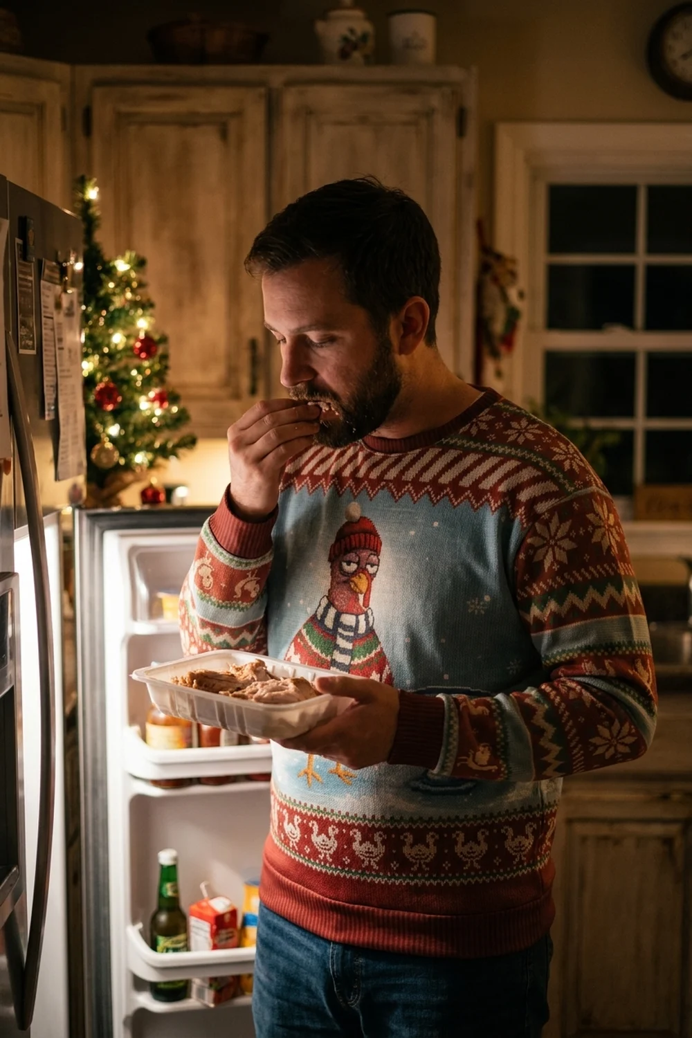 A man eating leftover turkey straight from the tray at an open fridge at night, wearing the Cold Turkey all-over-print sweatshirt