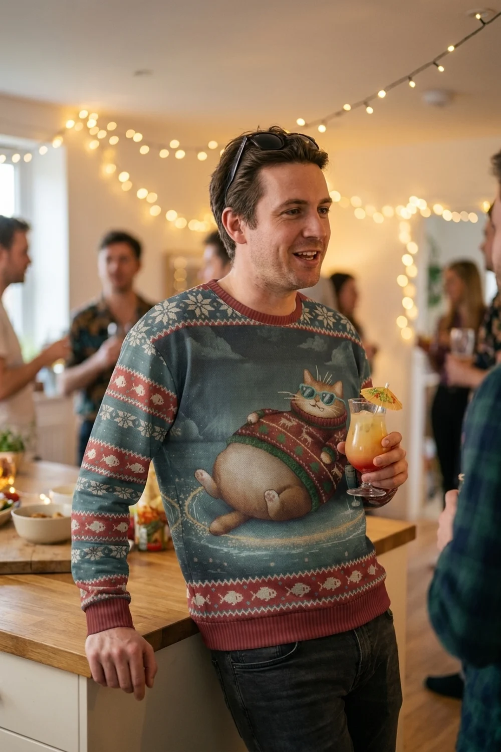 A man leaning on a kitchen counter at a house party with a cocktail and sunglasses pushed up on his head, wearing the Cool Cat all-over-print sweatshirt