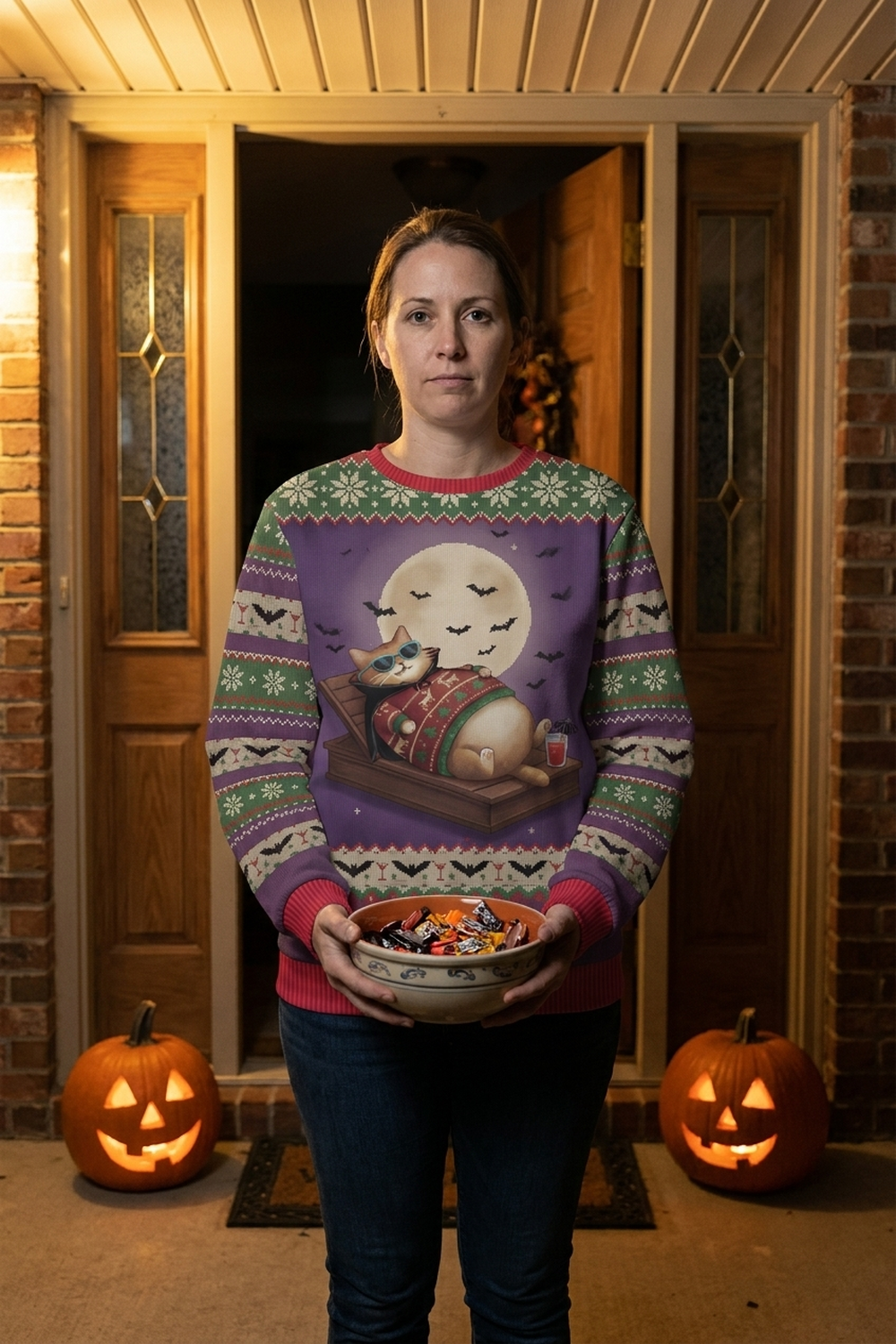 A woman stands in her lit front doorway on Halloween night holding a bowl of candy, jack-o-lanterns on the step, wearing the Count Catula all-over-print sweatshirt