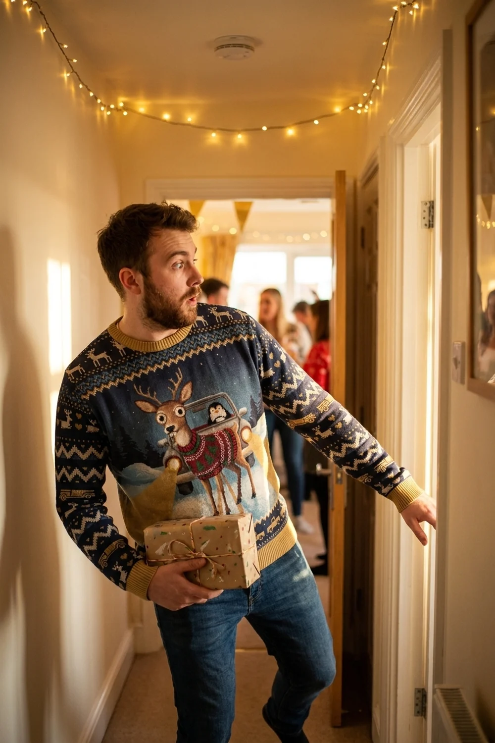 A person frozen mid-step in a hallway holding a wrapped gift as party light spills through an opening door, wearing the Deer in Headlights all-over-print sweatshirt