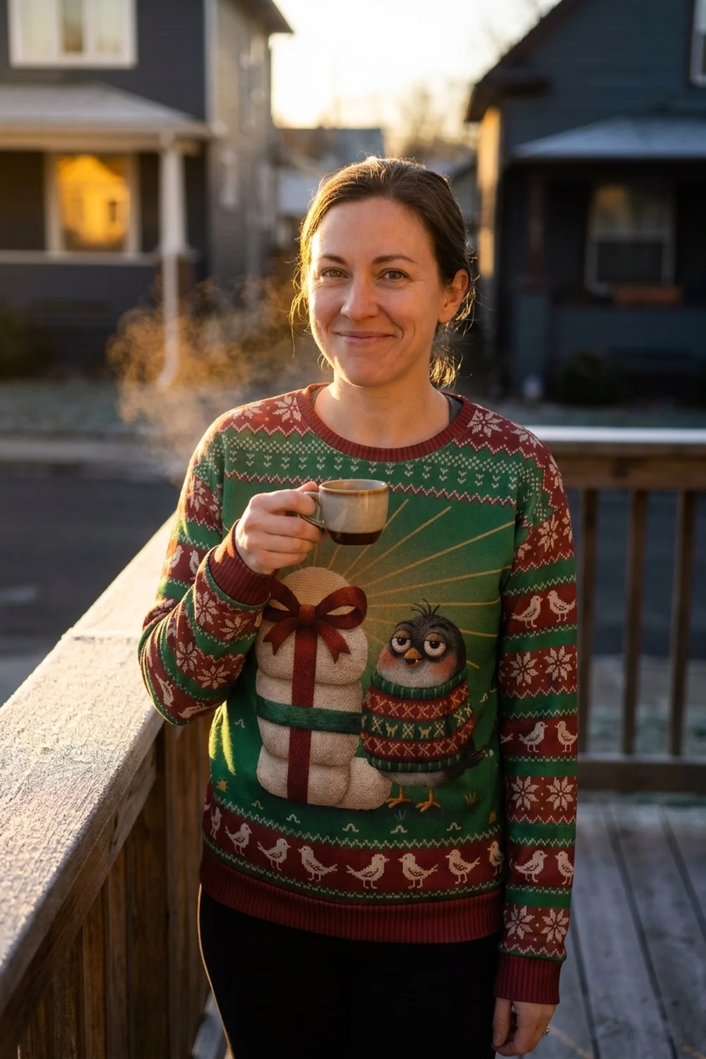 A woman on a frosty porch at sunrise holding a tiny coffee cup, the street still dark behind her, wearing the Early Bird all-over-print sweatshirt