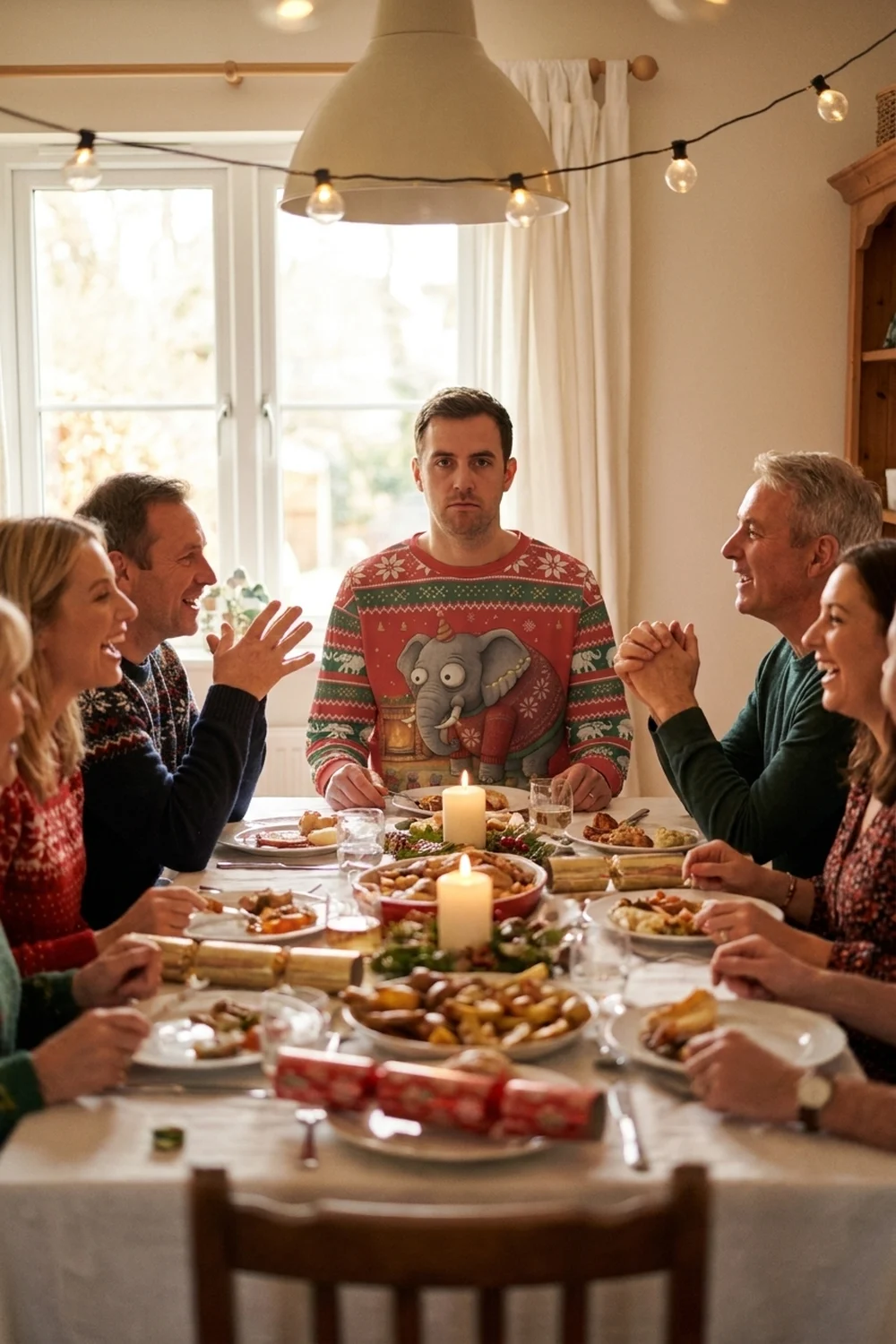 A family Christmas dinner table mid-conversation, one adult looking deadpan at the camera in the Elephant in the Room all-over-print sweatshirt