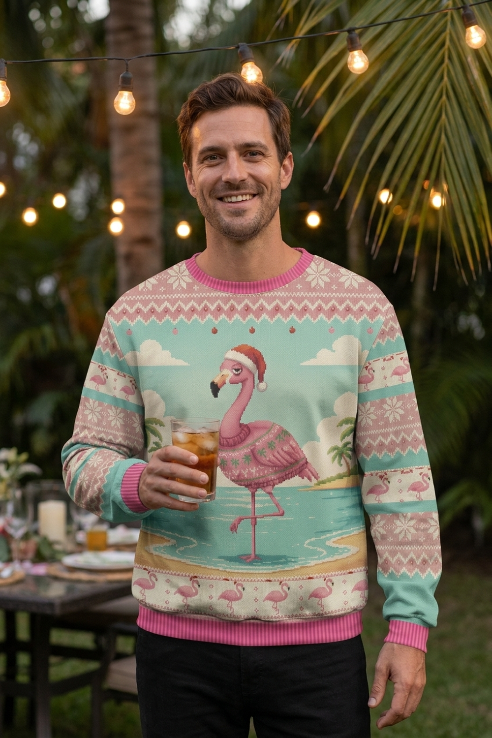 A man at an outdoor Christmas party at dusk under string lights with palms behind him, holding a cold drink, wearing the Flamingle Bells all-over-print sweatshirt