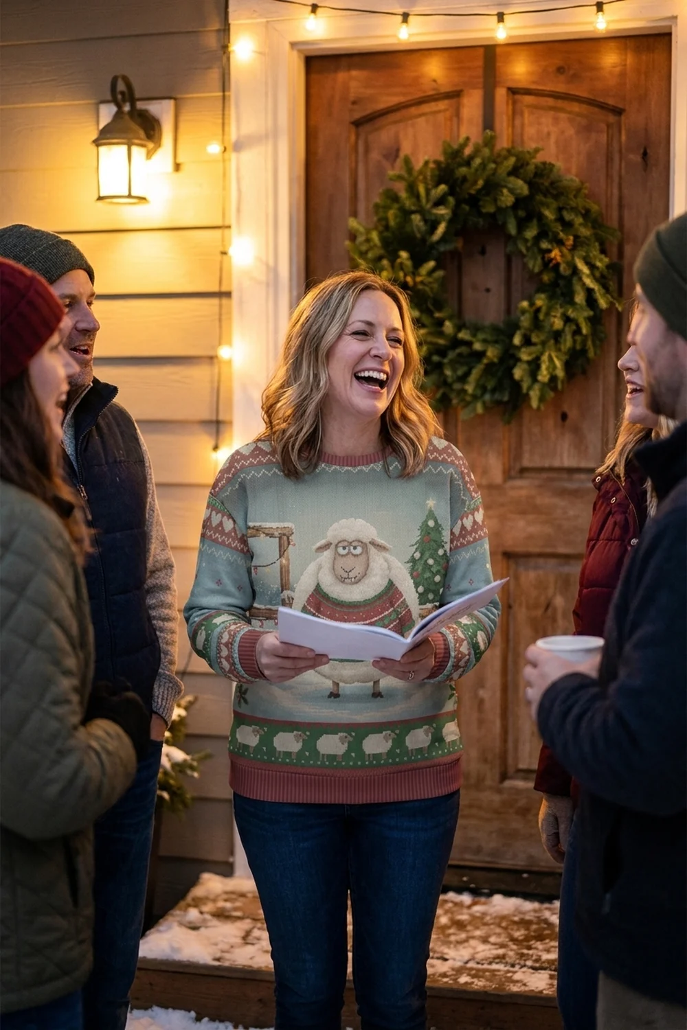 A woman singing carols with a small group on a snowy doorstep, songbook in hand, wearing the Fleece Navidad all-over-print sweatshirt