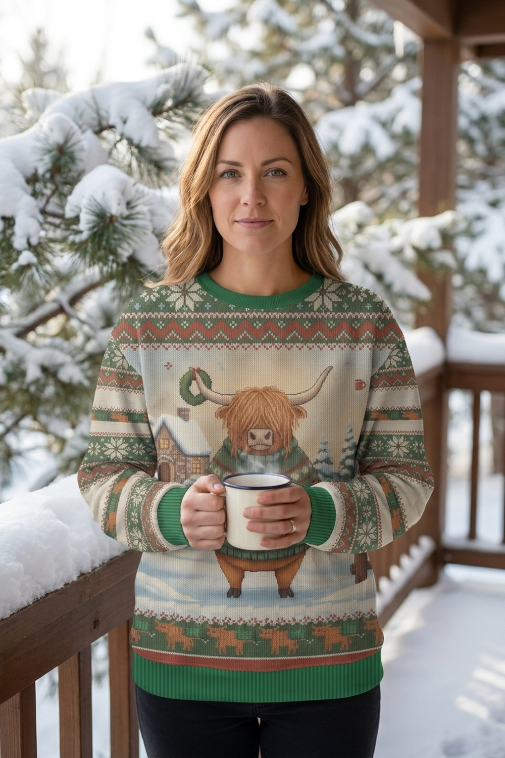 A woman on a snowy porch holds a steaming enamel mug in both hands on a bright winter morning, wearing the Fringe Benefits all-over-print sweatshirt