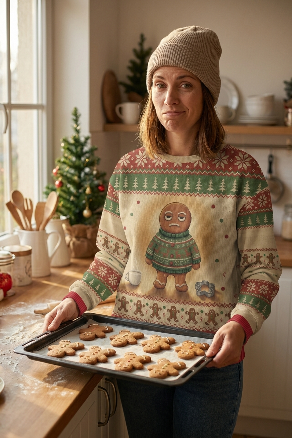 A woman in a home kitchen holds a tray of gingerbread cookies in warm afternoon light, wearing the Gingerbread Man all-over-print sweatshirt
