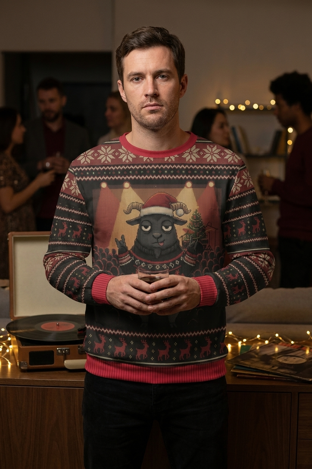 A man at a dim Christmas house party lit by fairy lights, a record player behind him, holding a drink, wearing the Hail Santa all-over-print sweatshirt