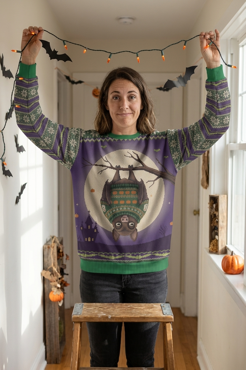 A woman on a step stool hangs paper bats and orange string lights in a hallway, arms raised, wearing the Hang In There all-over-print sweatshirt