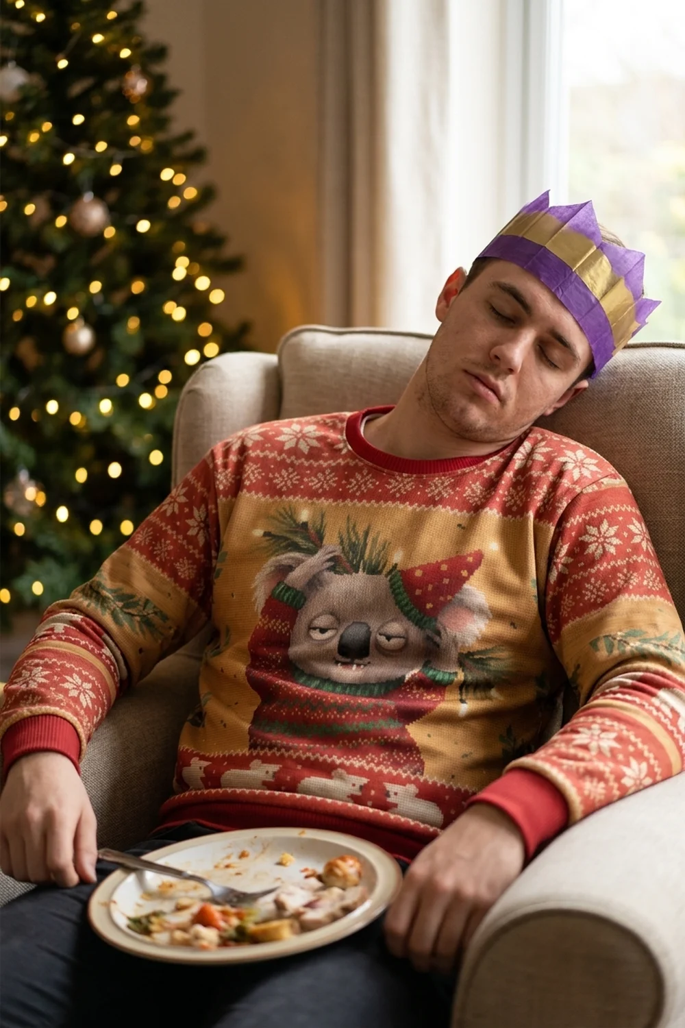 A man asleep in an armchair after Christmas lunch with a paper crown slipping off, wearing the Koalafied all-over-print sweatshirt