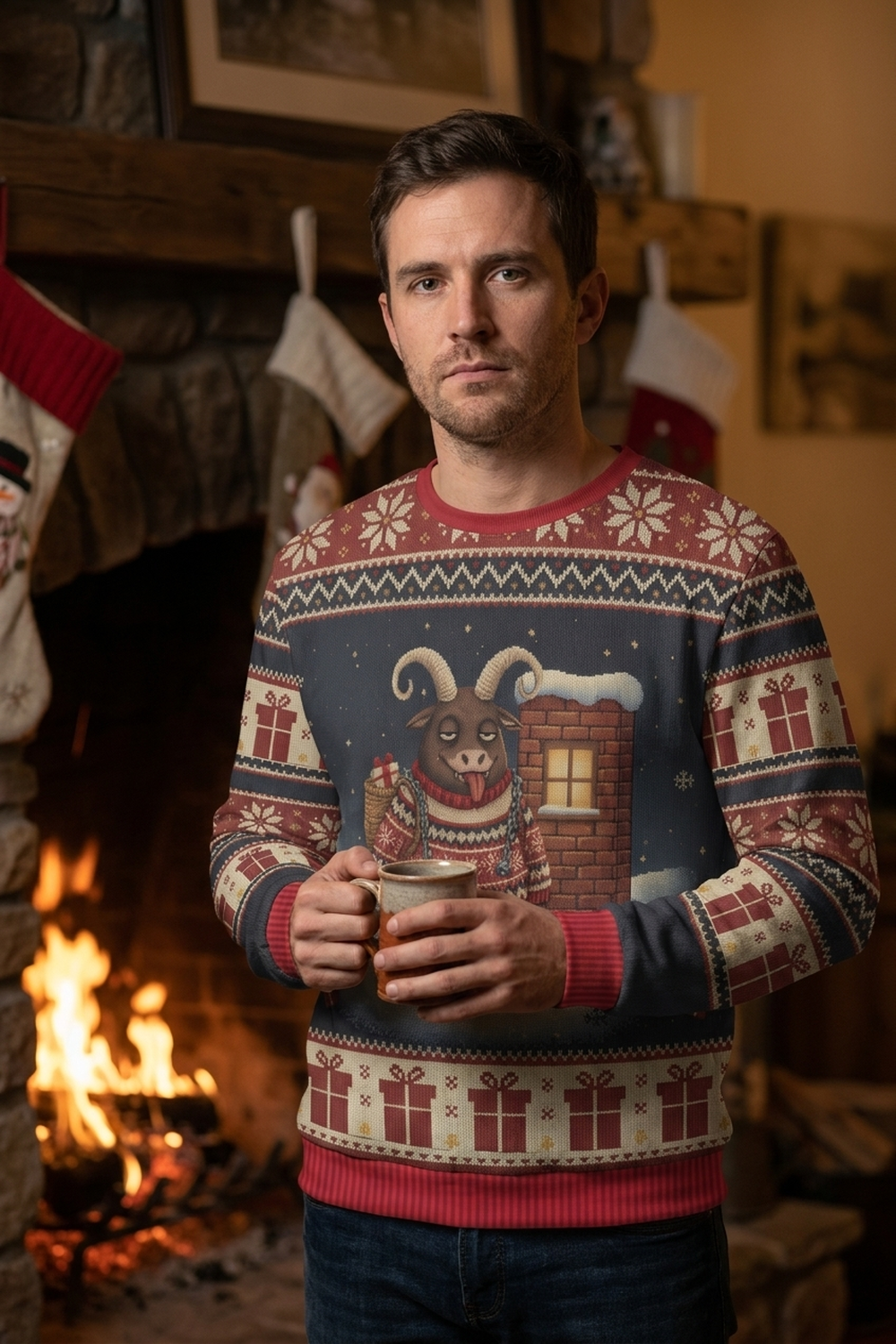 A man stands beside a lit fireplace late at night with stockings on the mantel, holding a mug, wearing the Krampus all-over-print sweatshirt