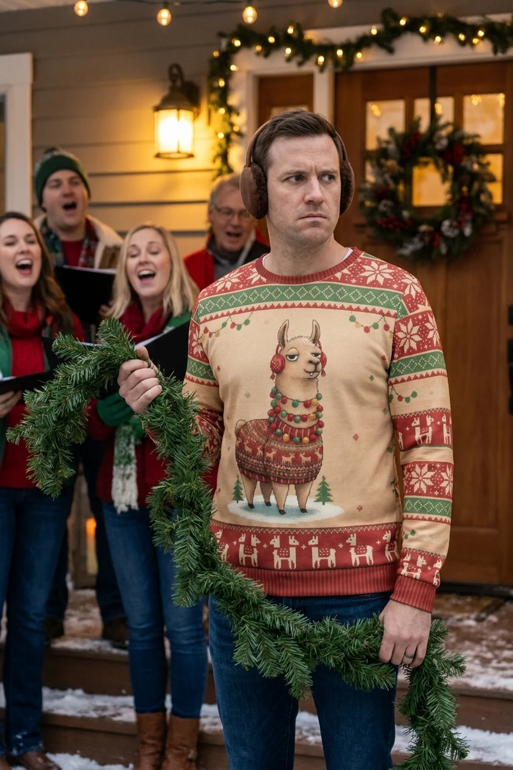 A man in earmuffs holding a garland at the end of a row of carolers on a snowy doorstep, mouth firmly shut while the others sing, wearing the Fa La La La Llama all-over-print sweatshirt
