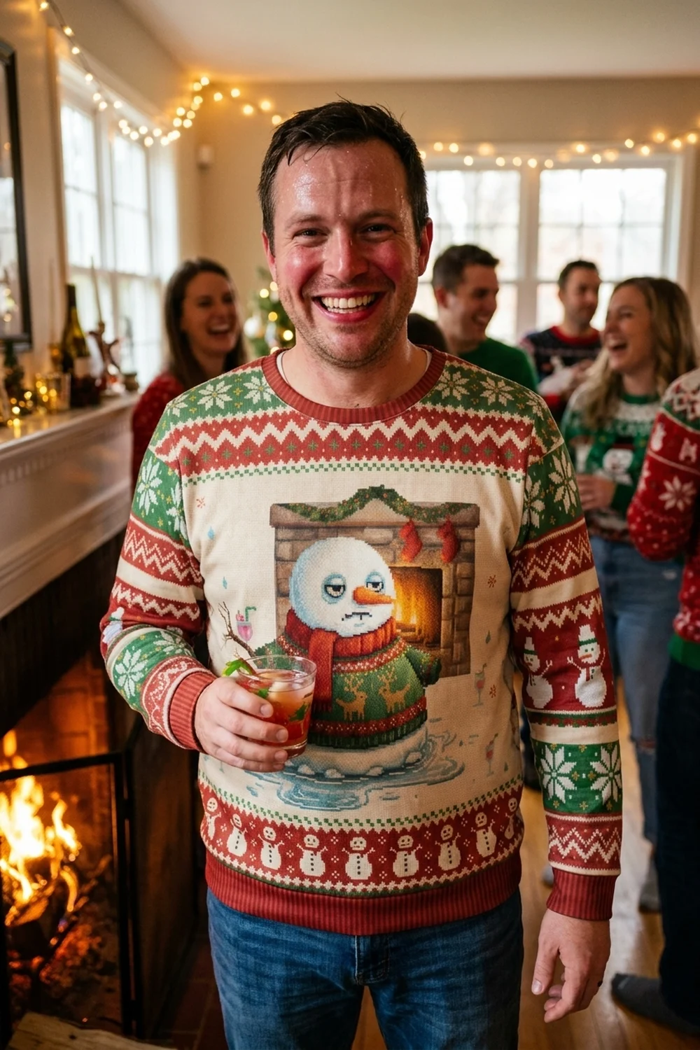 A man standing right beside a roaring fireplace at a house Christmas party, drink in hand and visibly too warm, wearing the Meltdown all-over-print sweatshirt with the melting snowman