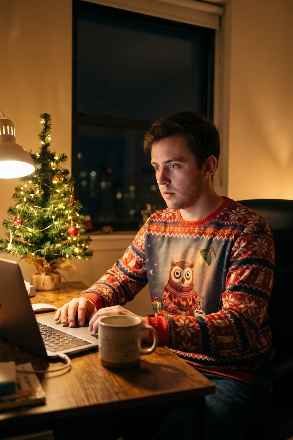 A man wide awake at a desk at 2am by lamp and laptop glow with a mug and a tiny tree, wearing the Night Owl all-over-print sweatshirt