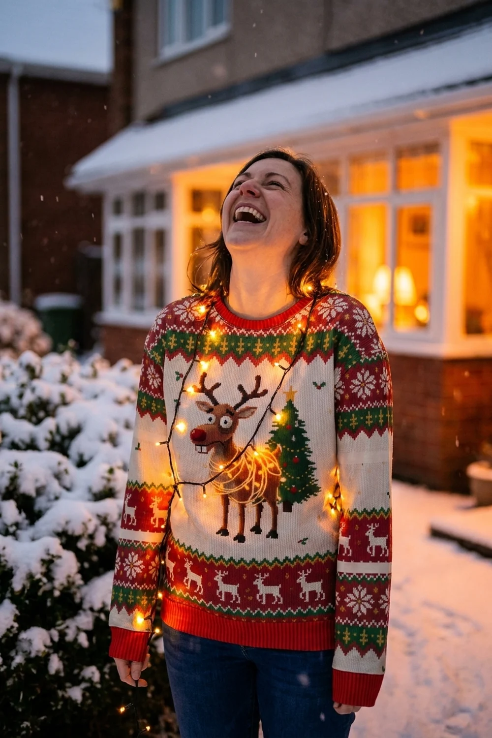 A woman laughing in a snowy garden at dusk, tangled in the Christmas lights she was hanging, wearing the Oh Deer all-over-print sweatshirt