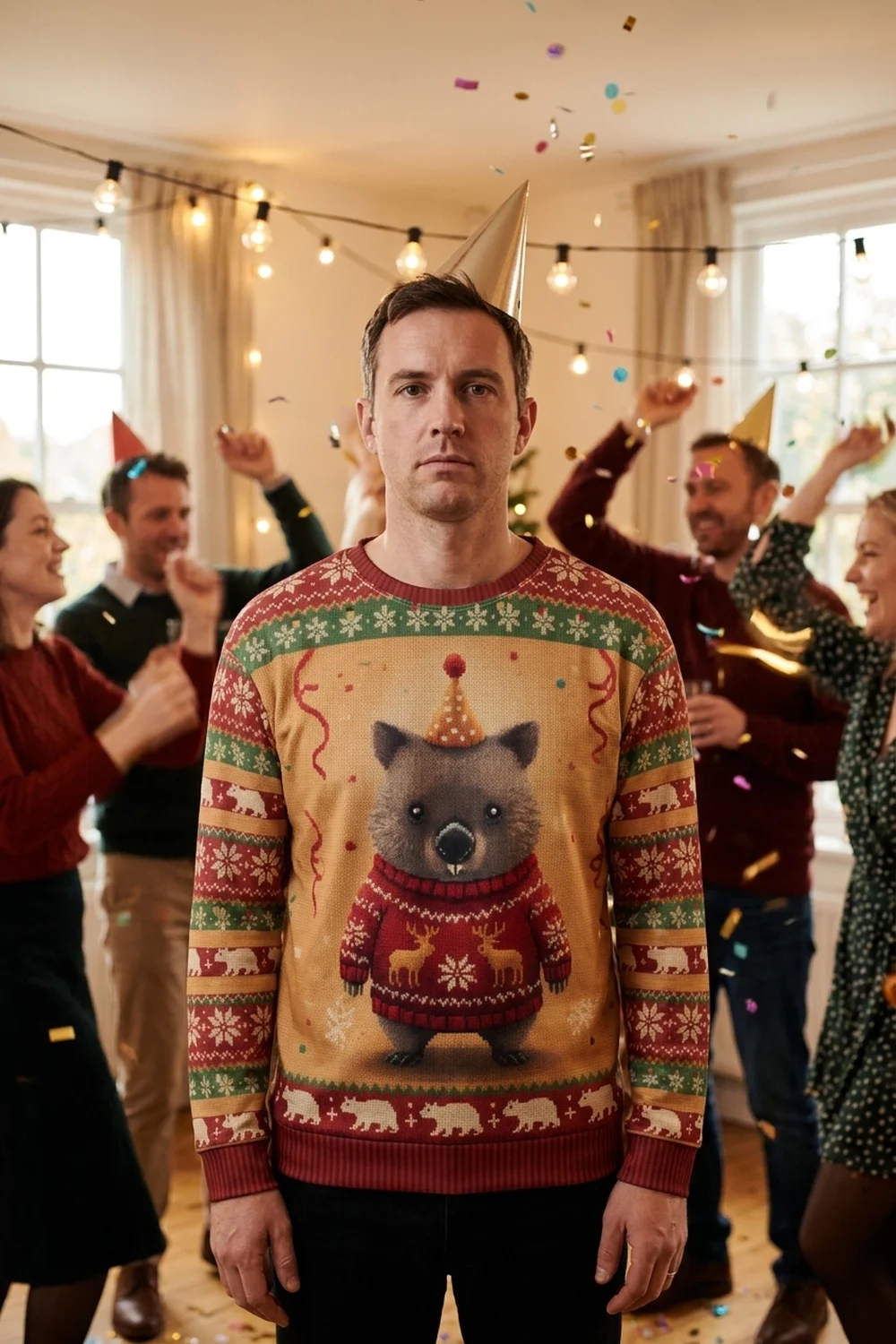 A man standing deadpan in a paper party hat in the middle of a loud house party with confetti falling, wearing the Party Animal all-over-print sweatshirt