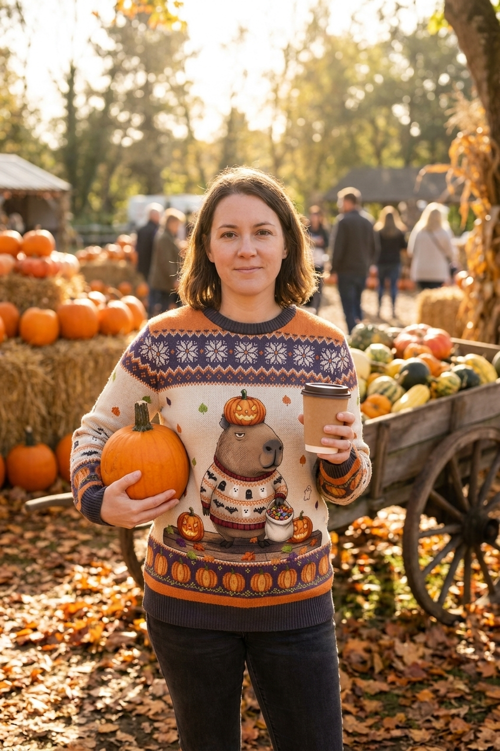 A woman at a pumpkin patch farm stand on a crisp autumn afternoon holds a small pumpkin and a coffee, hay bales and stacked pumpkins behind her, wearing the Pumpkin Spice Capybara all-over-print sweatshirt