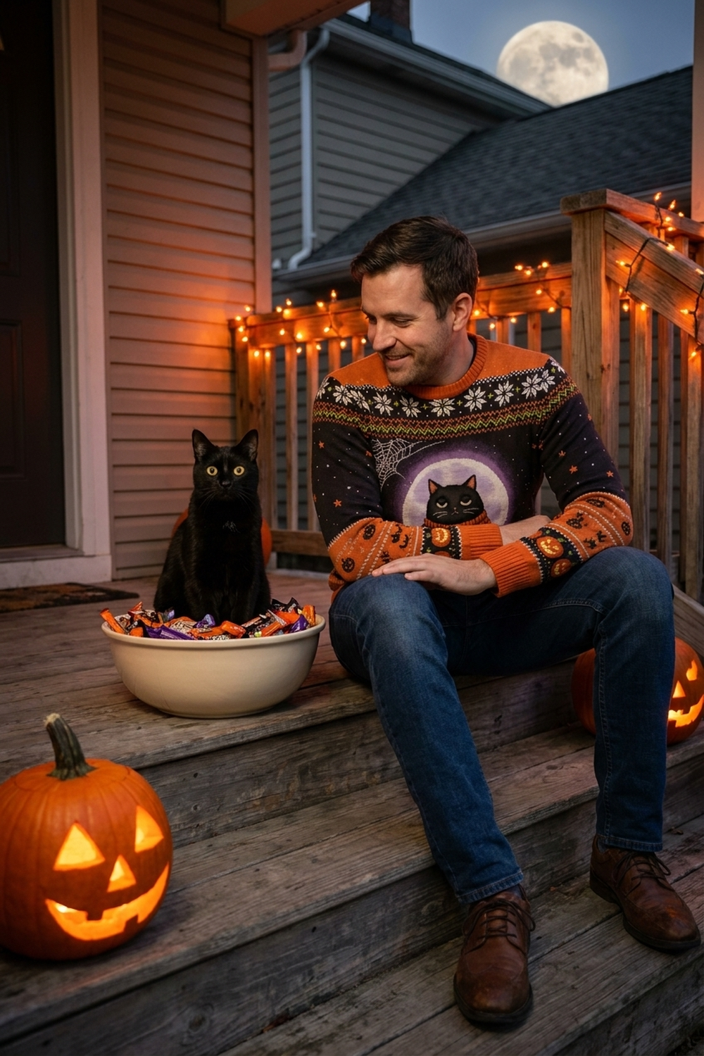 A man on his porch steps on Halloween night looks sideways at a black cat sitting inside the candy bowl, jack-o-lanterns glowing beside them, wearing the Scaredy Cat all-over-print sweatshirt