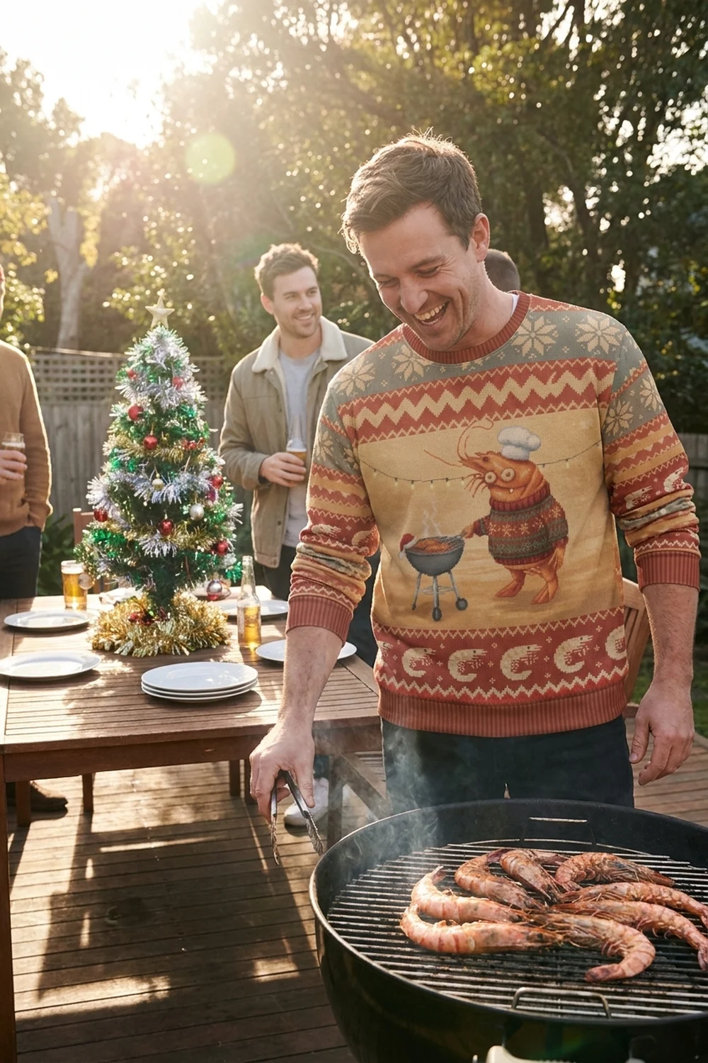 Friends at a sunny backyard Christmas barbecue, one turning prawns on the grill in the Shrimp on the Barbie all-over-print sweatshirt with the sleeves pushed up