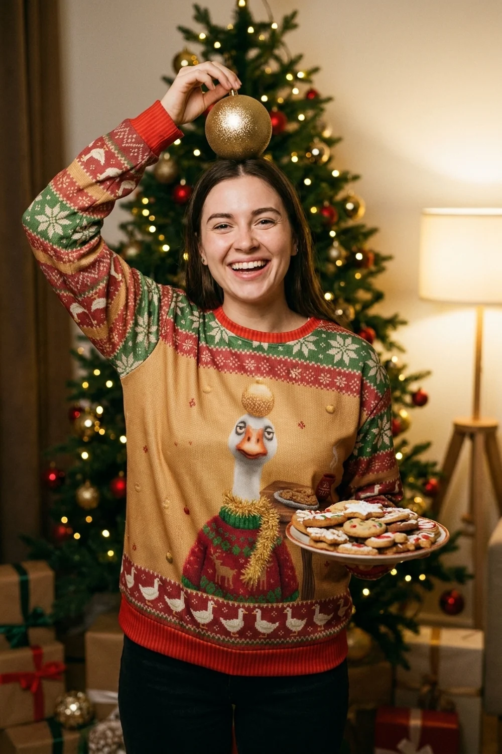 A woman grinning by a Christmas tree with a gold ornament balanced on her head and a plate of cookies, wearing the Silly Goose all-over-print sweatshirt
