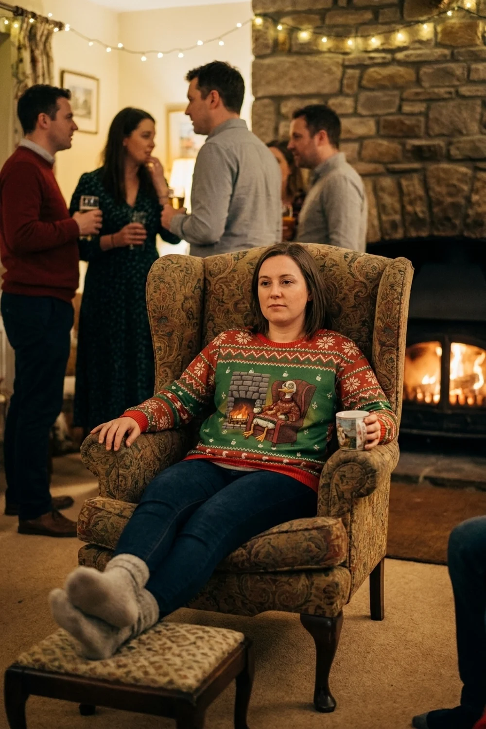 A woman settled deep in a wingback armchair by the fire at a house party, feet up and drink in hand, wearing the Sitting Duck all-over-print sweatshirt