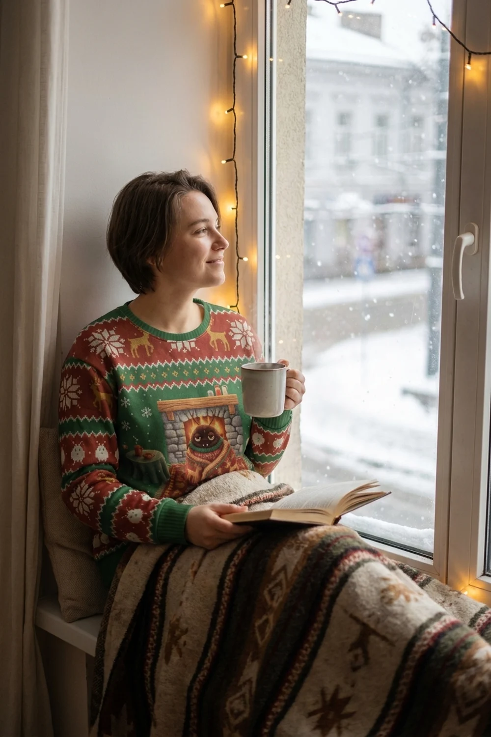 A person wrapped in a rug on a window seat with a book and a mug while snow falls outside, wearing the Snug as a Bug all-over-print sweatshirt